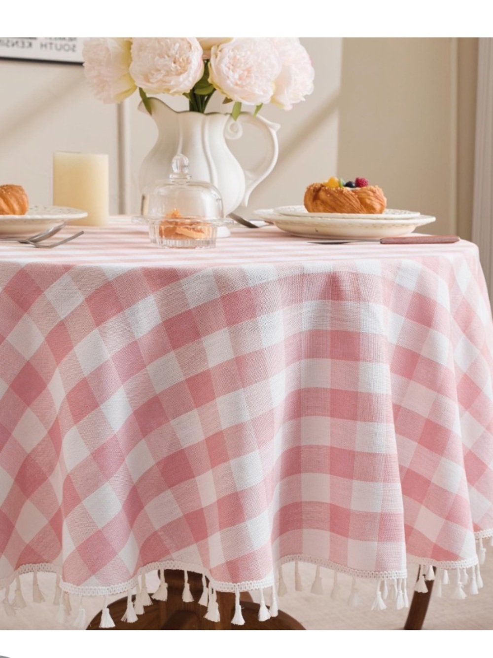 Gingham Checkered Tablecloth with Tassel Trim Cotton Linen Blend 60”Round - PINK